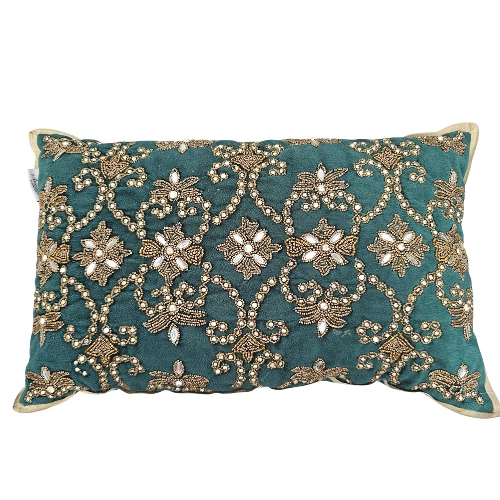 Emerald Green‎ Velvet Beaded Lumbar Pillow Rhinestone Decorative Accent 12x20